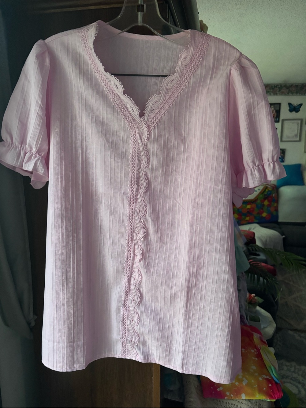 Light Pink Lace-Trim Short Sleeve Women's